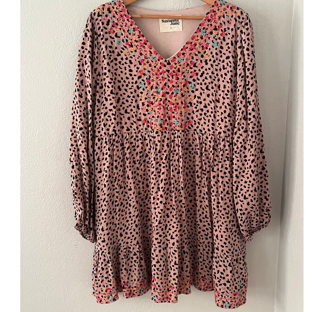 Women's Savanna Jane Pink Black Long Sleeve Embroidered Shift Dress Size Large